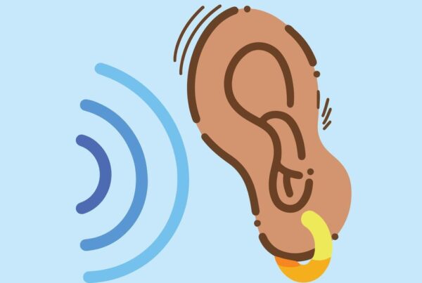 Human Ear With Round Gold Colored Earring Hearing Or Listening Icon Illustration Isolated On Square Blue Background Simple Flat Colored Cartoon Art Styled Drawing Free Vector